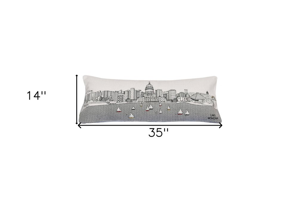 14" X 35" Dark Gray And White Madison Nighttime Skyline Lumbar Decorative Pillow HomeRoots