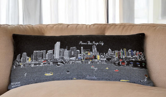 35" Black Miami Nighttime Skyline Lumbar Decorative Pillow FurniFindUSA