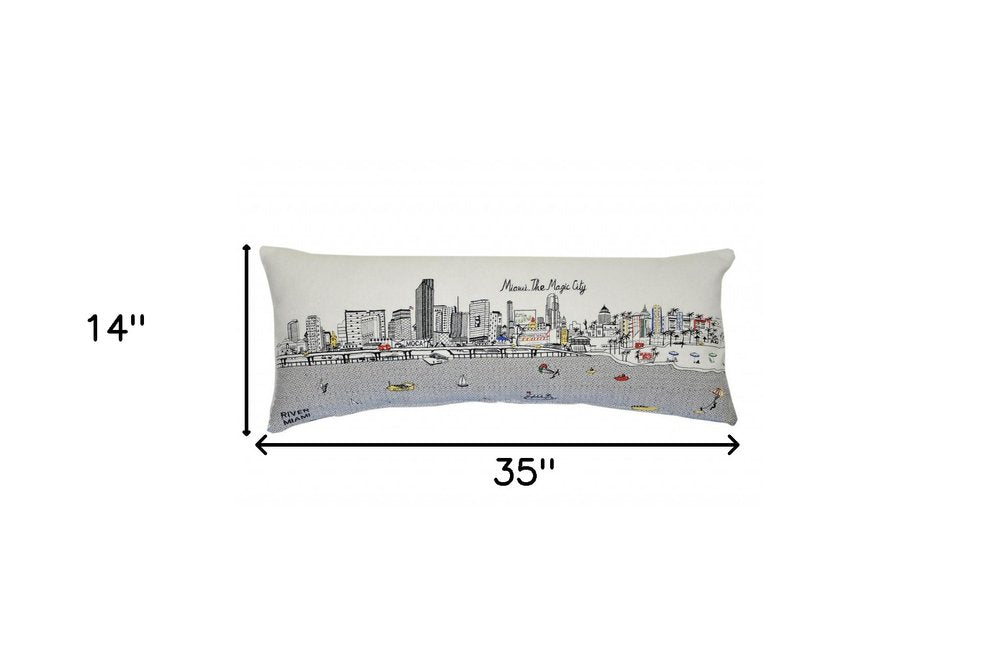 14" X 35" Dark Gray And White Miami Nighttime Skyline Lumbar Decorative Pillow HomeRoots