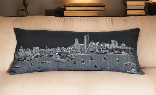 35" Black Milwaukee Nighttime Skyline Lumbar Decorative Pillow FurniFindUSA