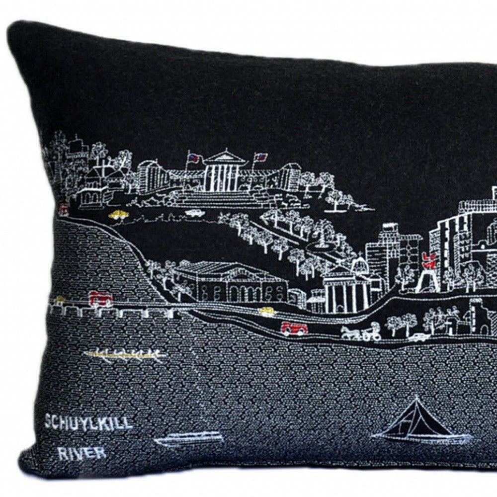 35" Black Philadelphia Nighttime Skyline Lumbar Decorative Pillow FurniFindUSA