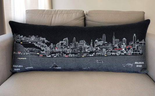 35" Black Philadelphia Nighttime Skyline Lumbar Decorative Pillow FurniFindUSA