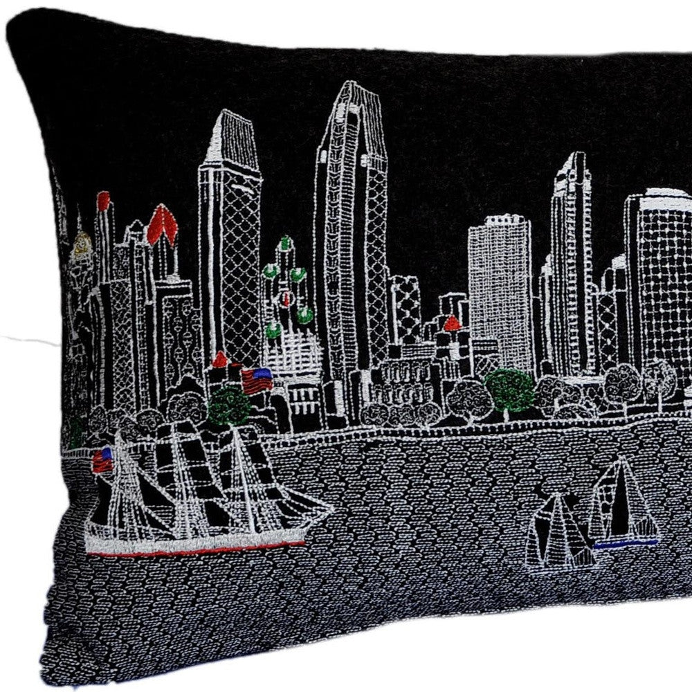35" Black San Diego Nighttime Skyline Lumbar Decorative Pillow FurniFindUSA
