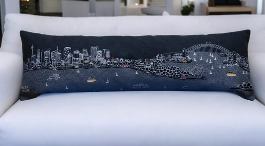 35" Black Sydney Nighttime Skyline Lumbar Decorative Pillow FurniFindUSA