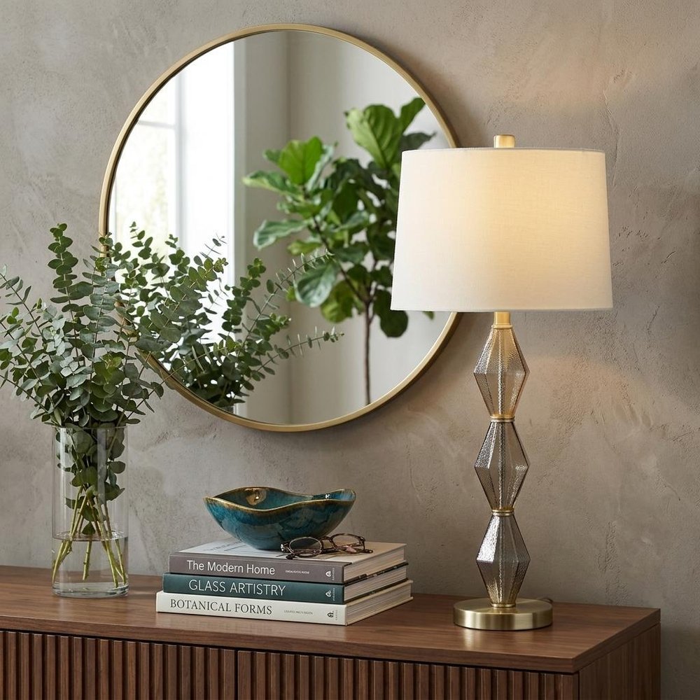 30" Brushed Gold Geo Glass Table Lamp With Shade HomeRoots