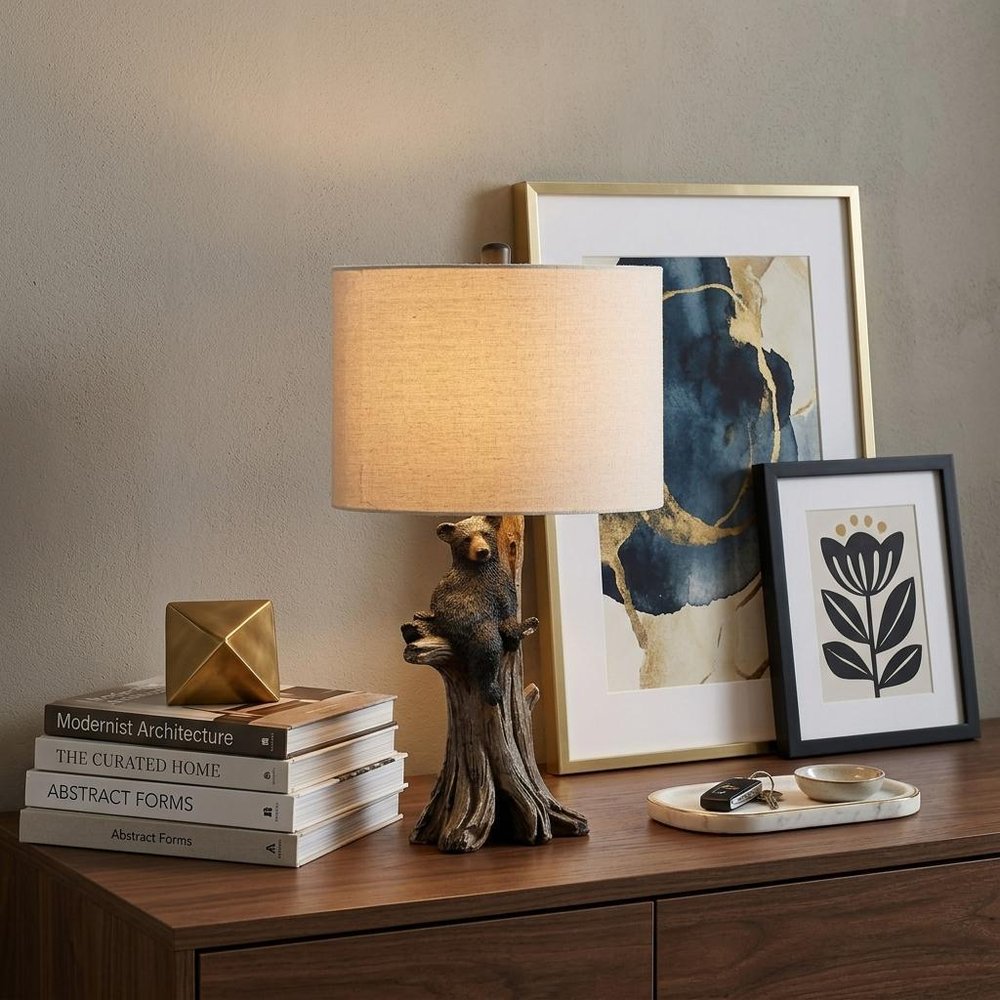 25" Black Bear in a Tree Table Lamp With Beige Shade HomeRoots