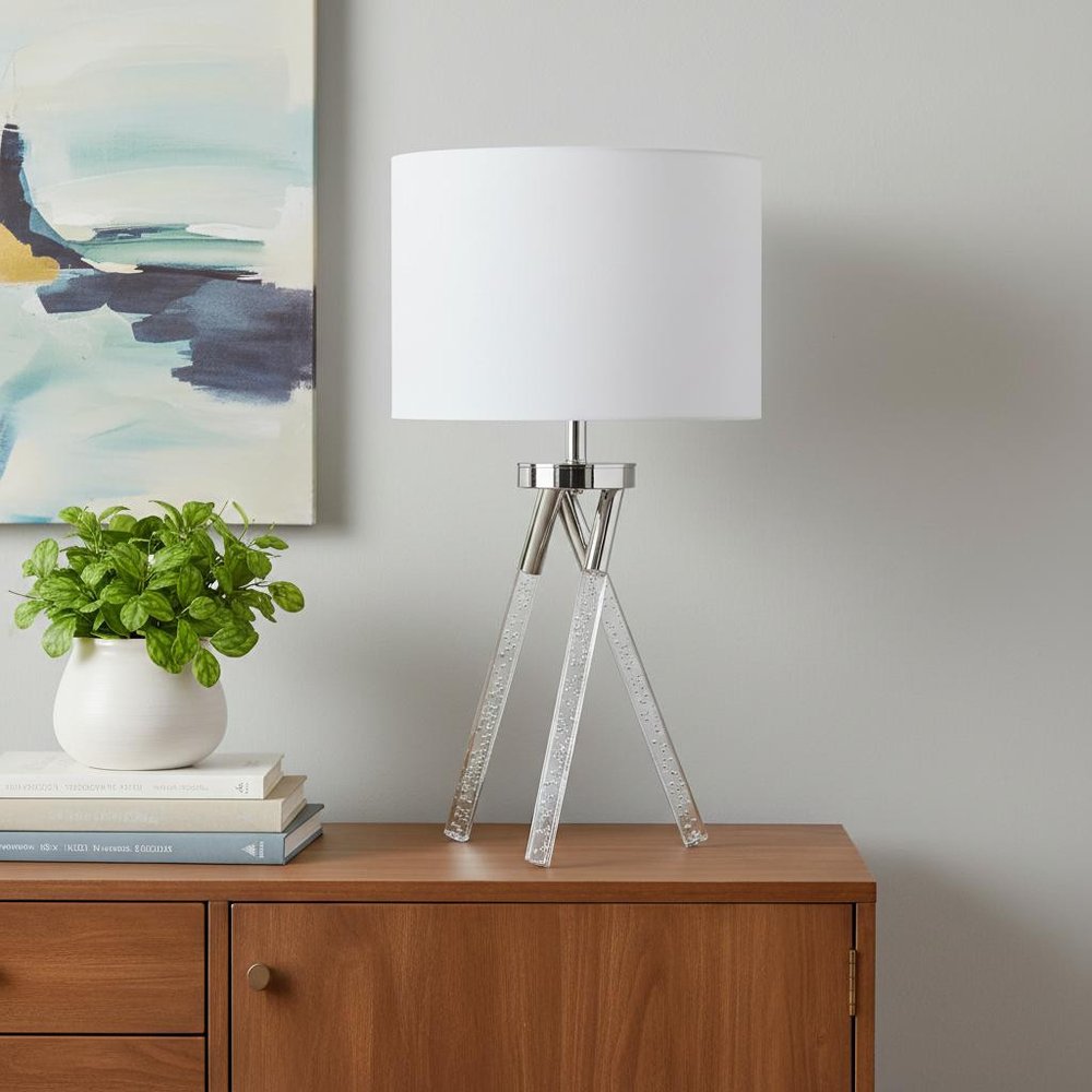 26" Silver and LED Acrylic Tripod Table Lamp With White Shade HomeRoots