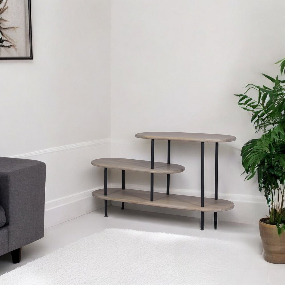 25 White And Gray Iron and Solid Wood Three Tier Bookcase HomeRoots