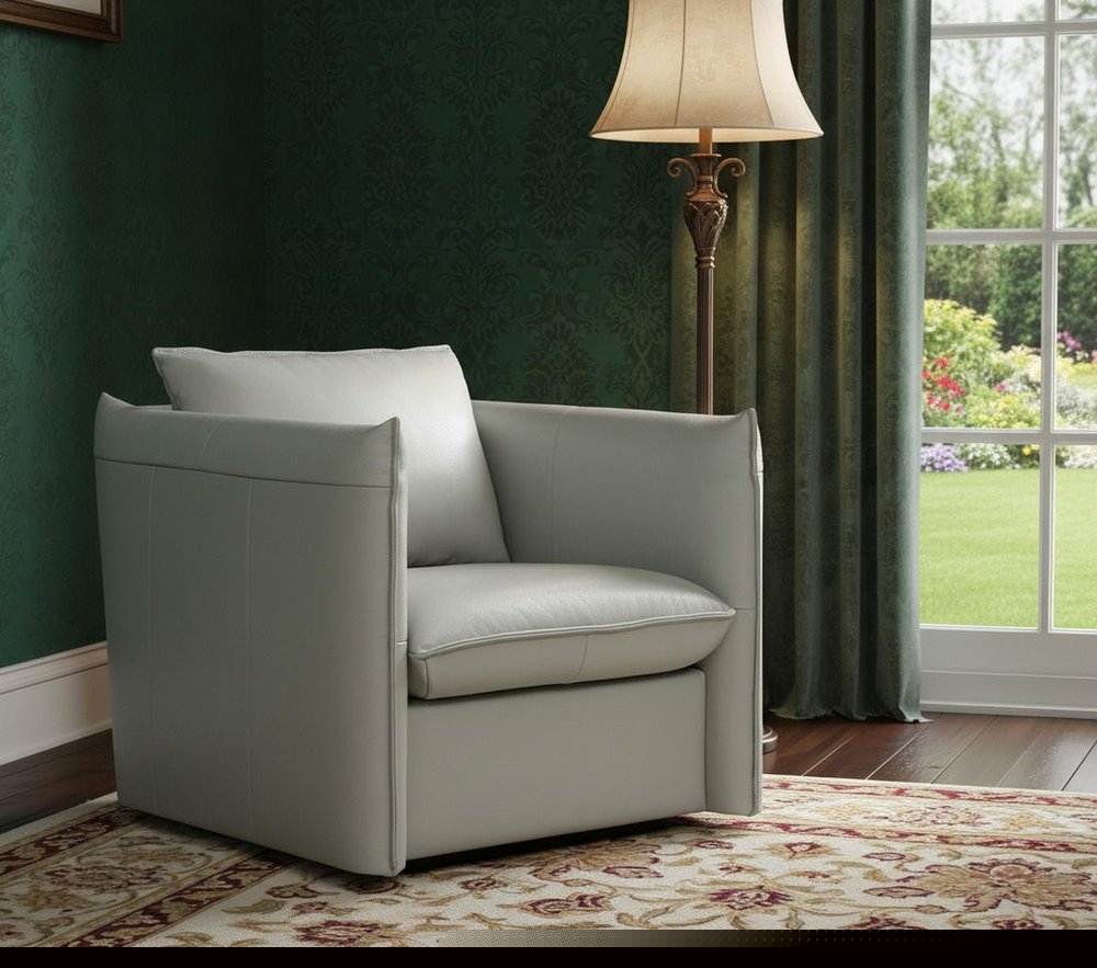 36" Gray And Silver Genuine Leather Swivel Lounge Chair HomeRoots