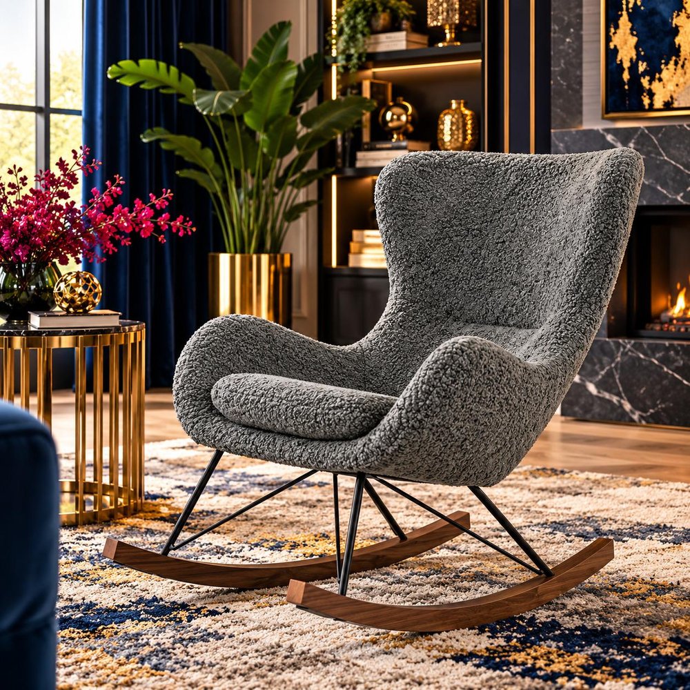 30" Gray and Brown Faux Fur Metal And Solid Wood Rocking Chair