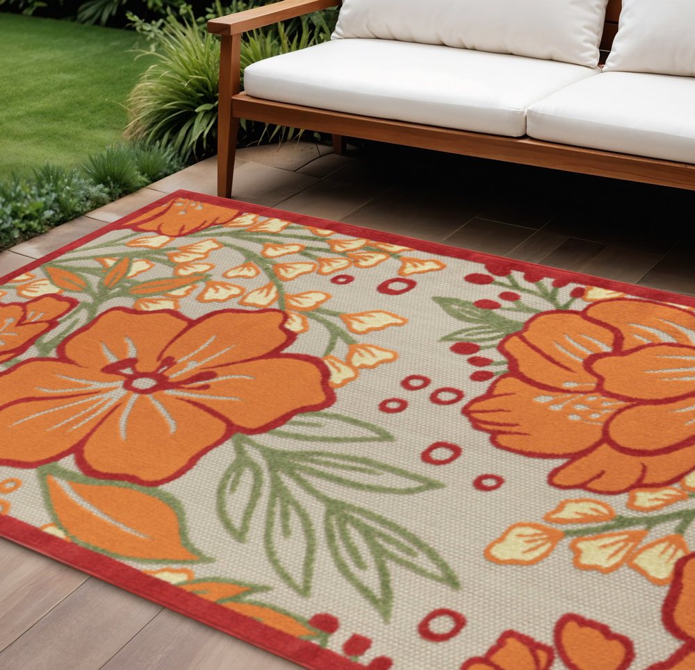 8' X 10' Orange And Ivory Indoor Outdoor Area Rug HomeRoots