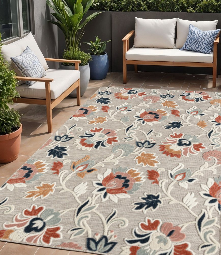 5' X 7' Blue And Gray Floral Stain Resistant Indoor Outdoor Area Rug HomeRoots