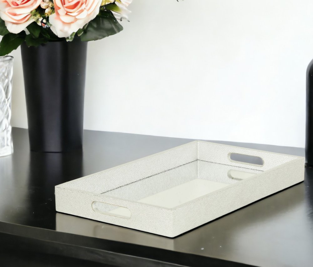 16" Silver Rectangular Wood Handmade Tray With Handles HomeRoots
