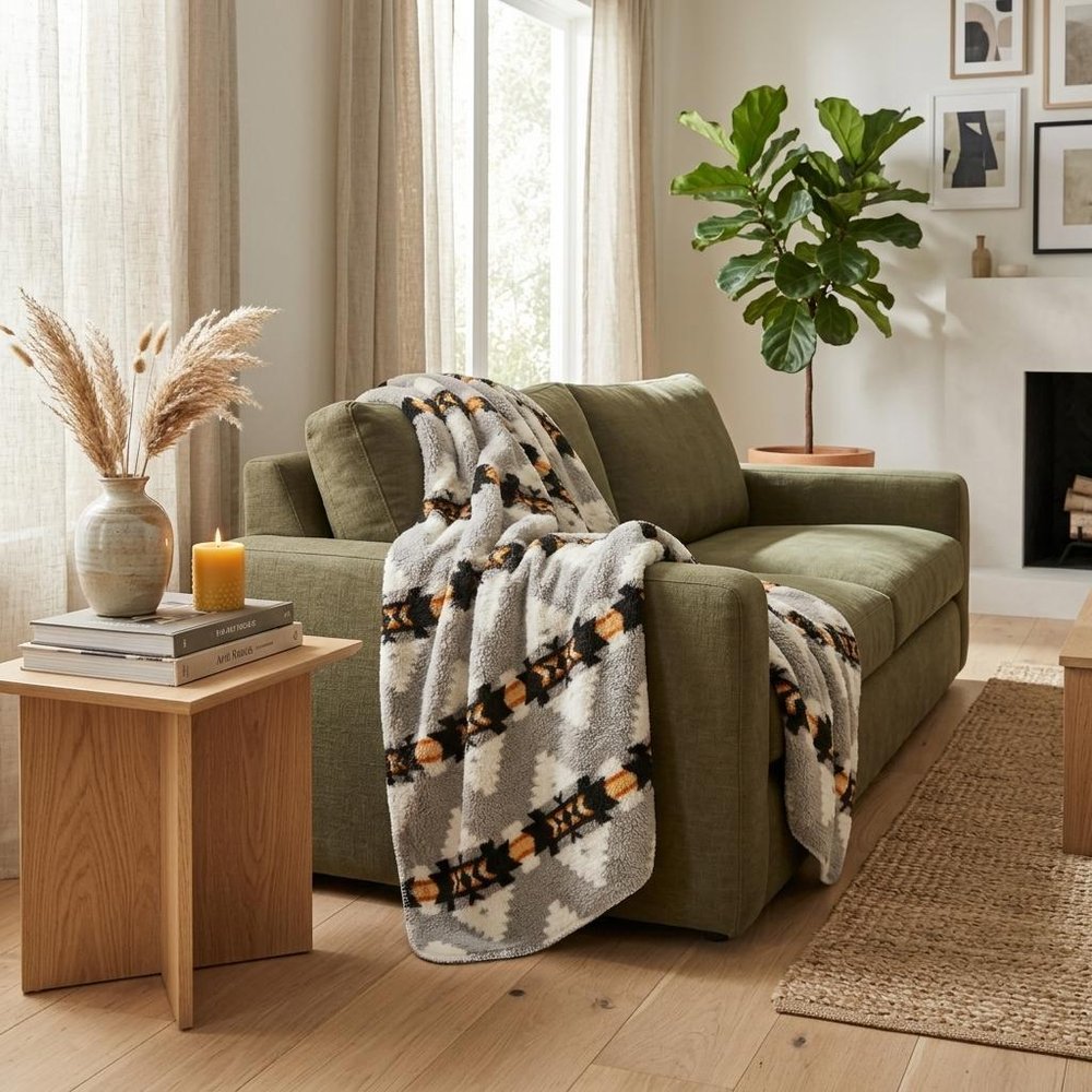 Gray Knitted Sherpa Geometric Reversable Throw HomeRoots