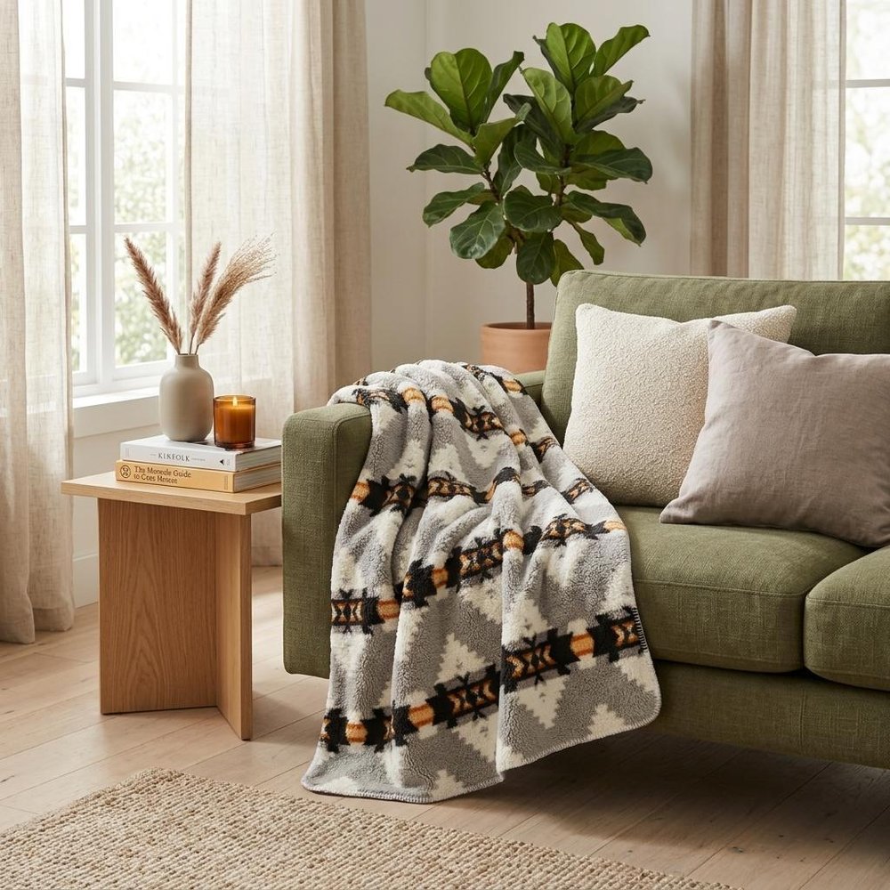 Gray Knitted Sherpa Geometric Reversable Throw HomeRoots