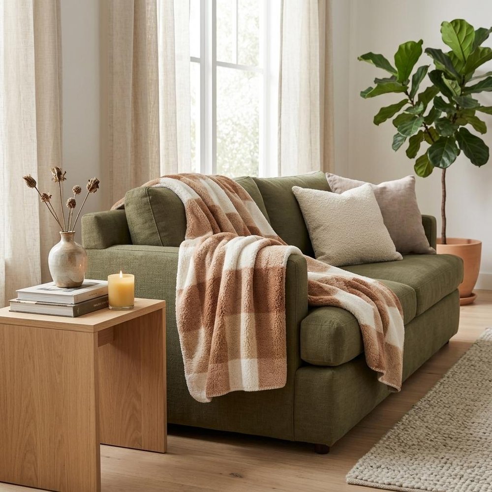 50" X 60" Ivory And Taupe Faux Sherpa Plaid Throw Blanket HomeRoots