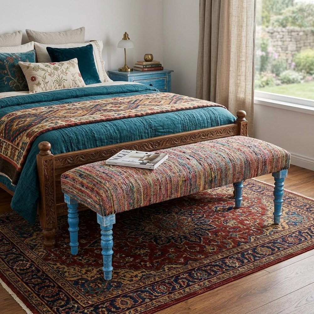 47" Blue and Orange Fabric And Viscose and Solid Wood Upholstered Distressed Bench HomeRoots