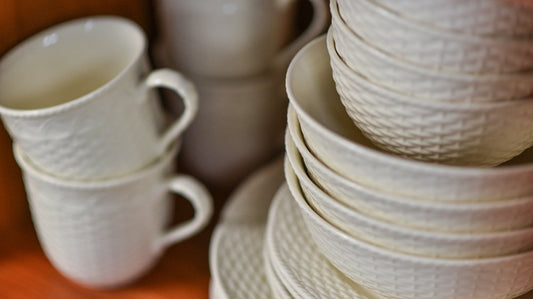White Four Piece Round Weave Stoneware Service For Four Bowl Set HomeRoots
