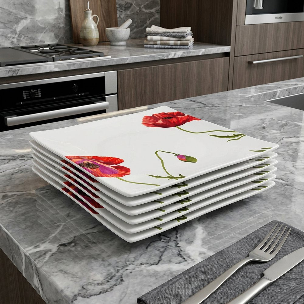 Red and White Six Piece Square Floral Bone China Service For Six Dinner Plate Set HomeRoots
