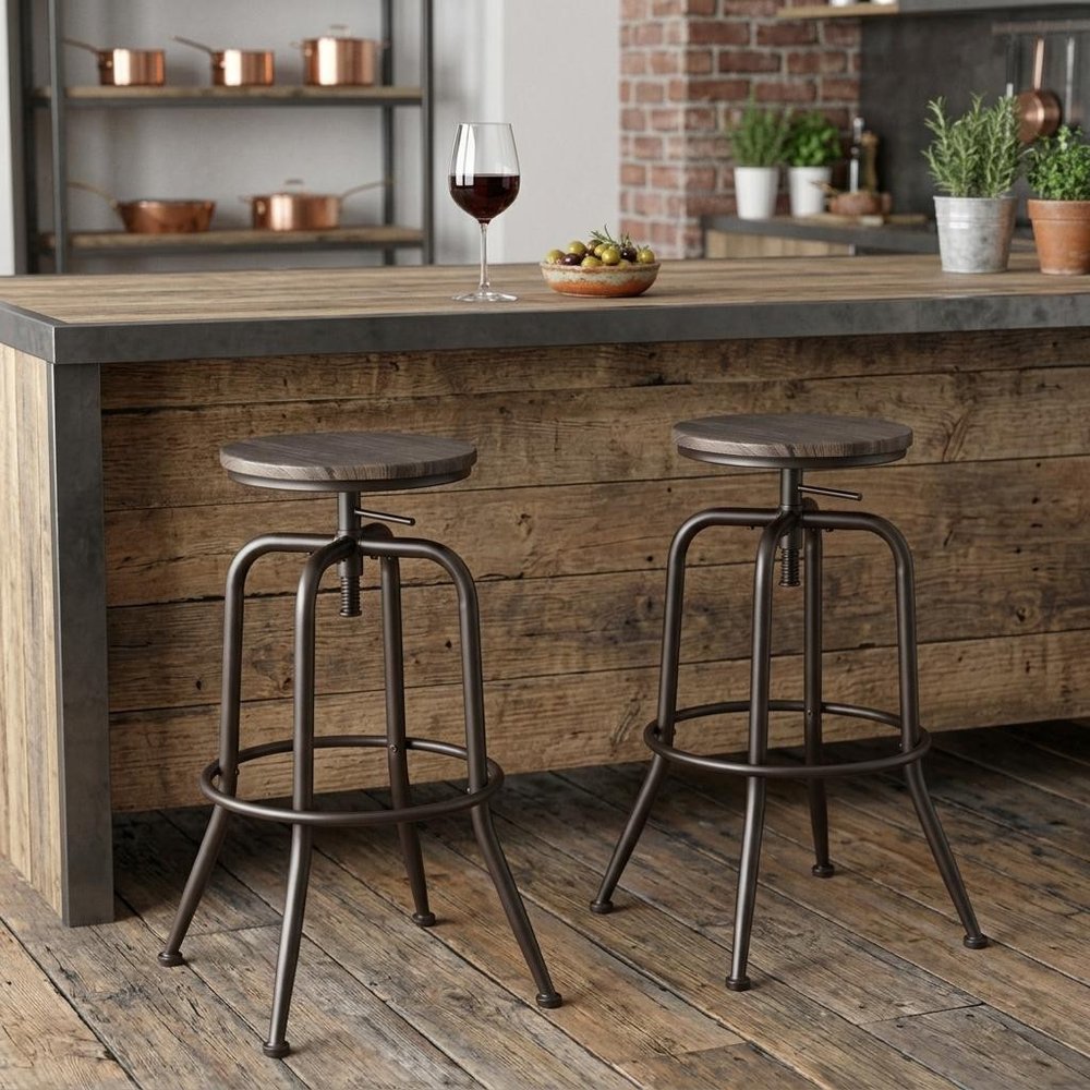 Set of Two Brown And Black Solid Wood And Steel Backless Counter Height Swivel Bar Chairs HomeRoots