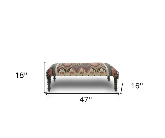 47" Beige Brown and Rust and Black Jute and Wool Blend Upholstered Southwest Distressed Bench HomeRoots