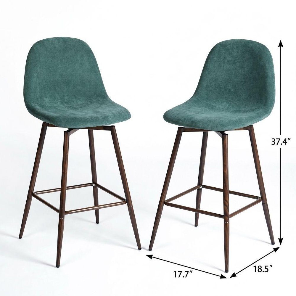 Set of Two 26" Green And Brown Velvet And Steel Counter Height Bar Chairs HomeRoots