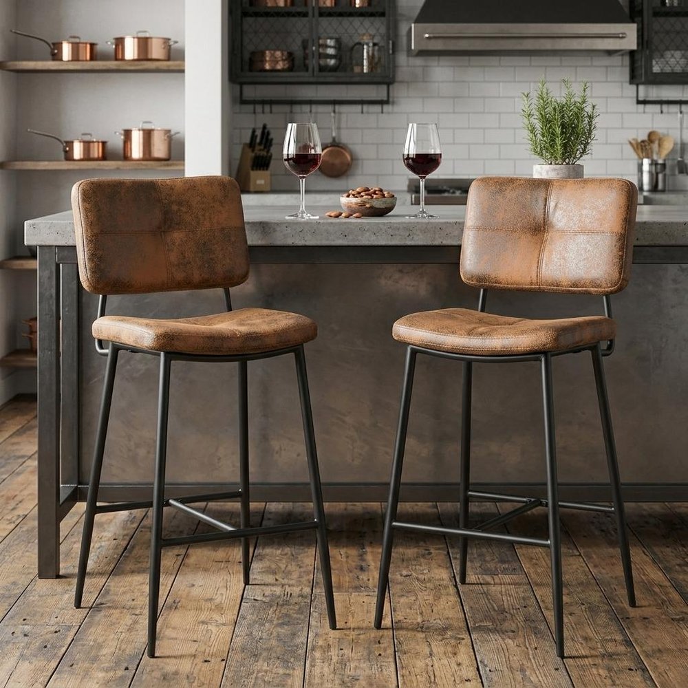 Set of Two 27" Brown And Black Faux Leather And Steel Low Back Counter Height Bar Chairs HomeRoots