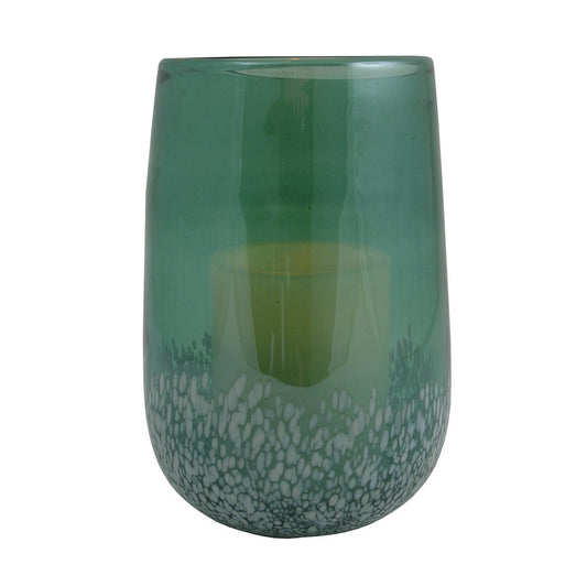 8" Green And White Glass Tabletop Hurricane Candle Holder With Candle HomeRoots
