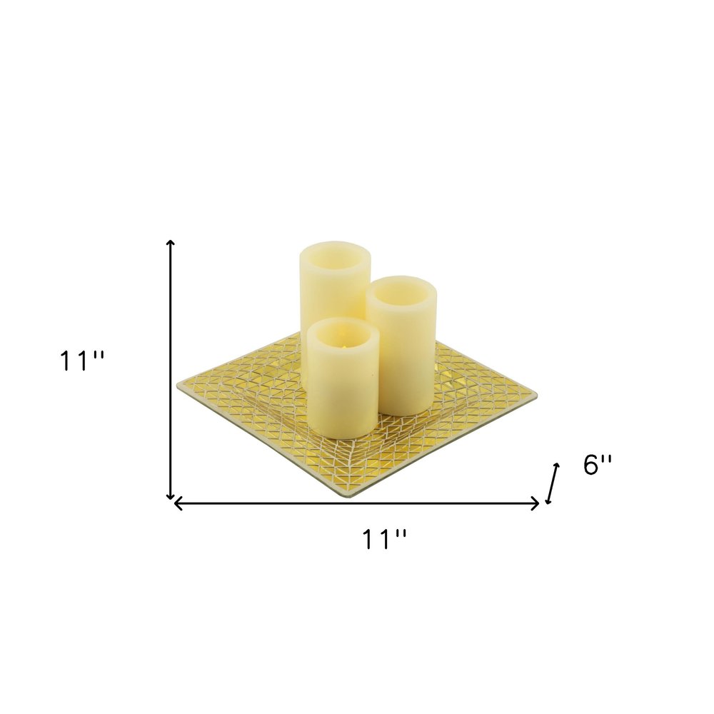 Set of Three Ivory Flameless Pillar Candles With Gold Holder HomeRoots