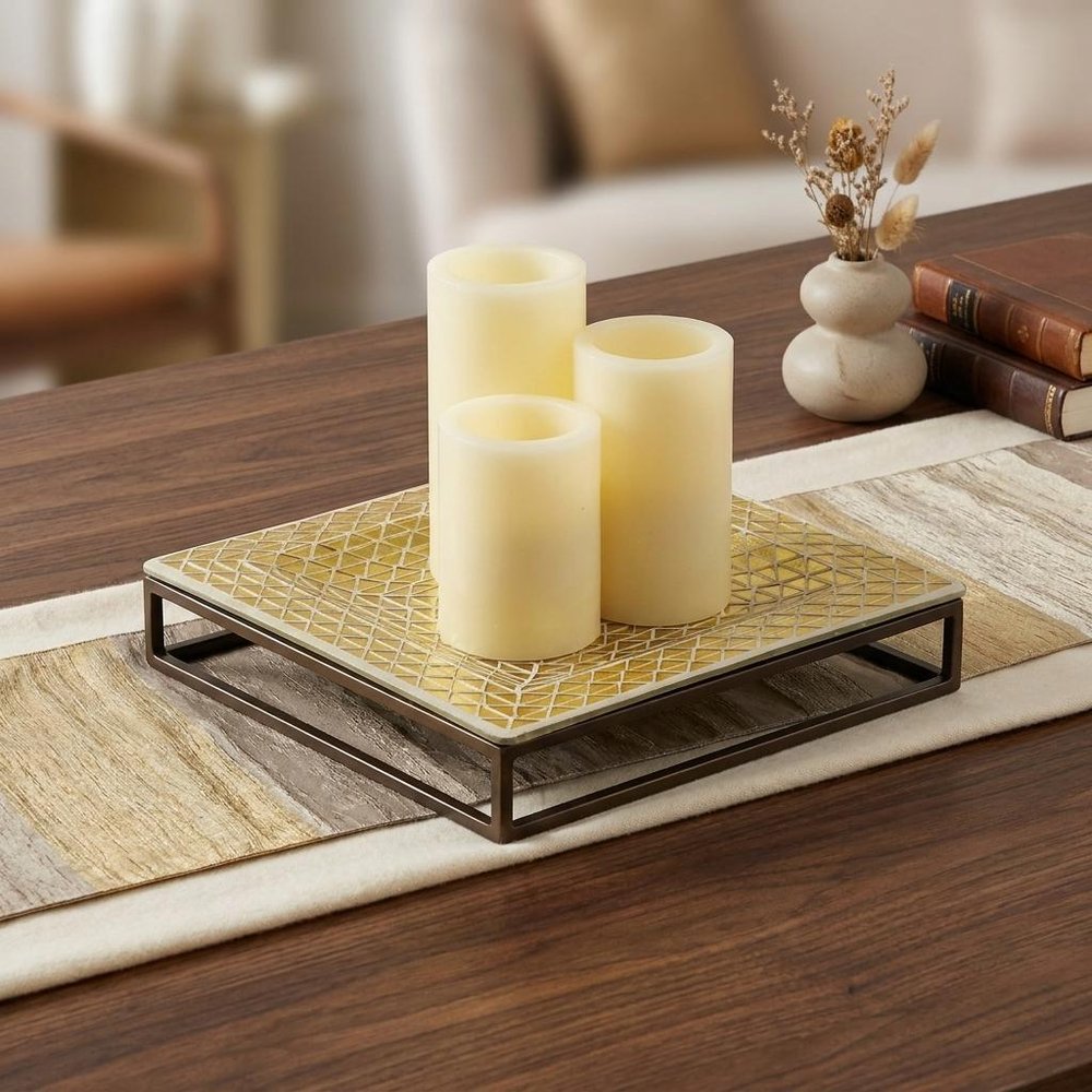 Set of Three Ivory Flameless Pillar Candles With Gold Holder HomeRoots