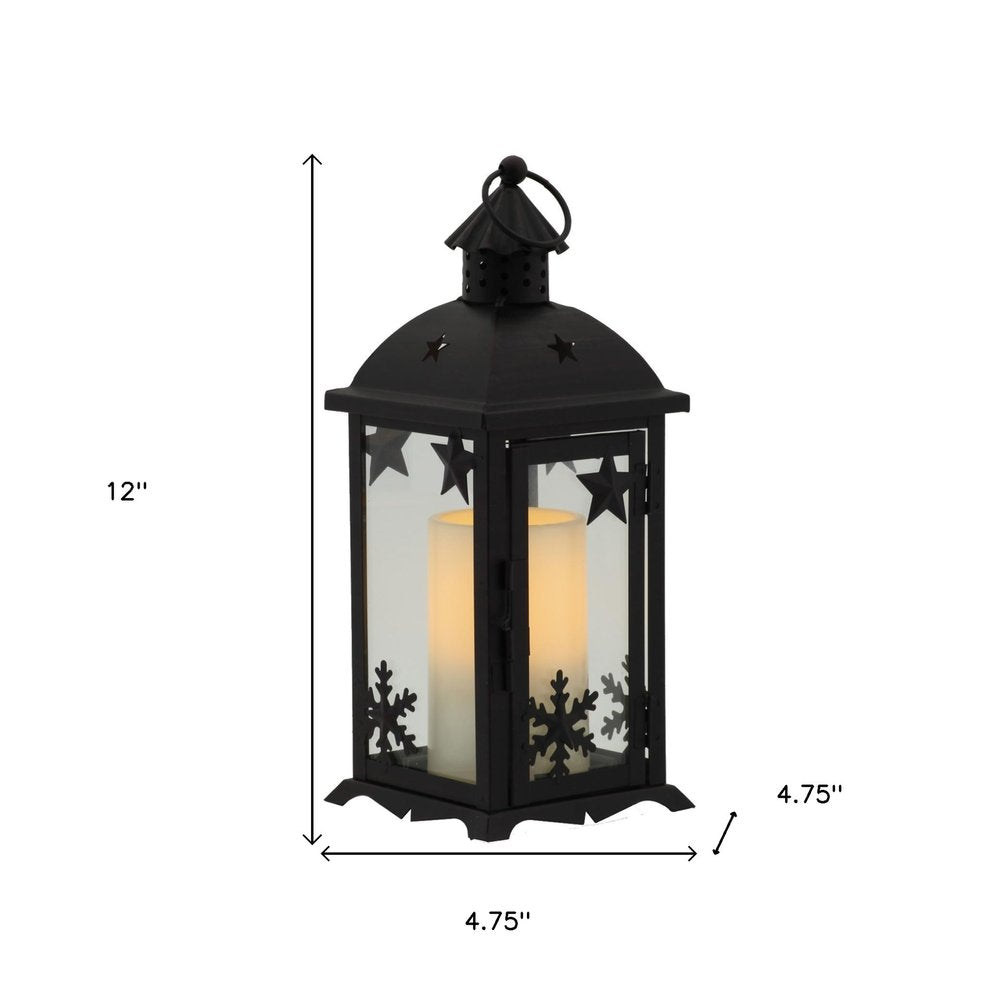 12" Black Ornate Glass And Metal Centerpiece Lantern Candle Holder With Candle HomeRoots