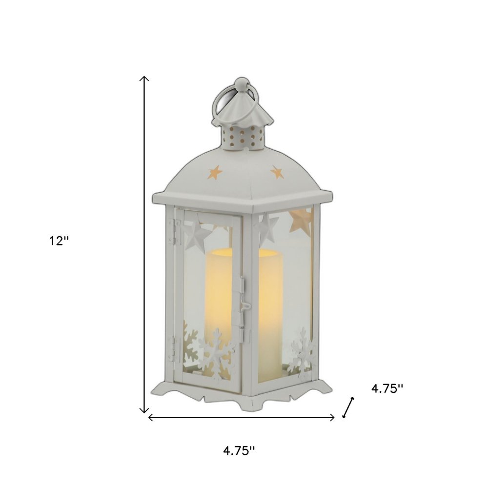 12" White Metal Tabletop Lantern Candle Holder With Candle HomeRoots