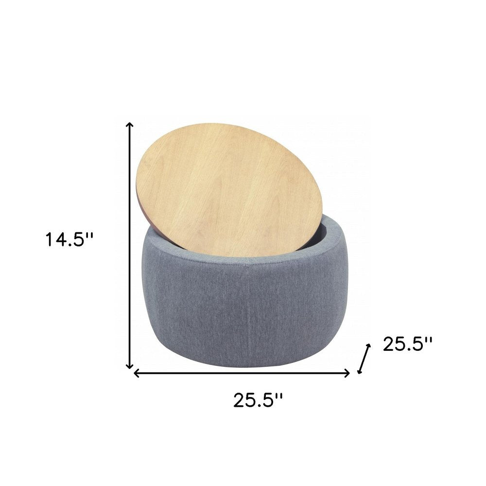 26" Dark Gray And Natural Wood And Upholstery Round Ottoman With Storage HomeRoots