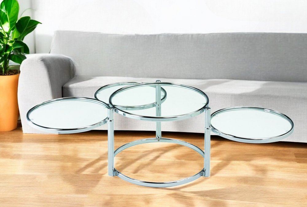 60" Clear And Silver Glass And Steel Round Nested Coffee Tables With Three Shelves HomeRoots