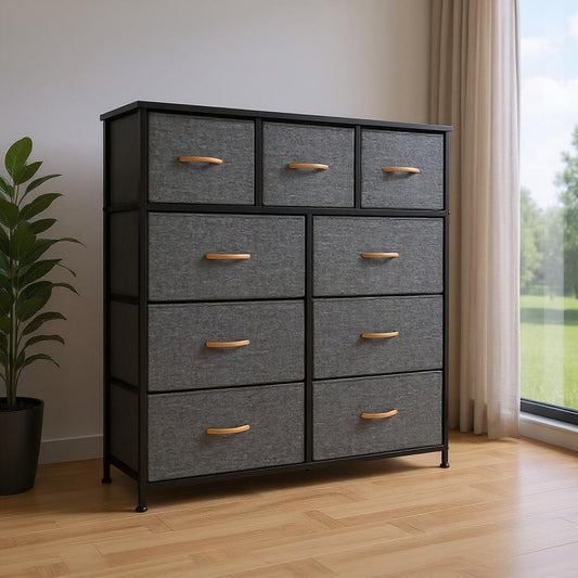 39" Gray Wood Steel And Fabric Nine Drawer Triple Dresser