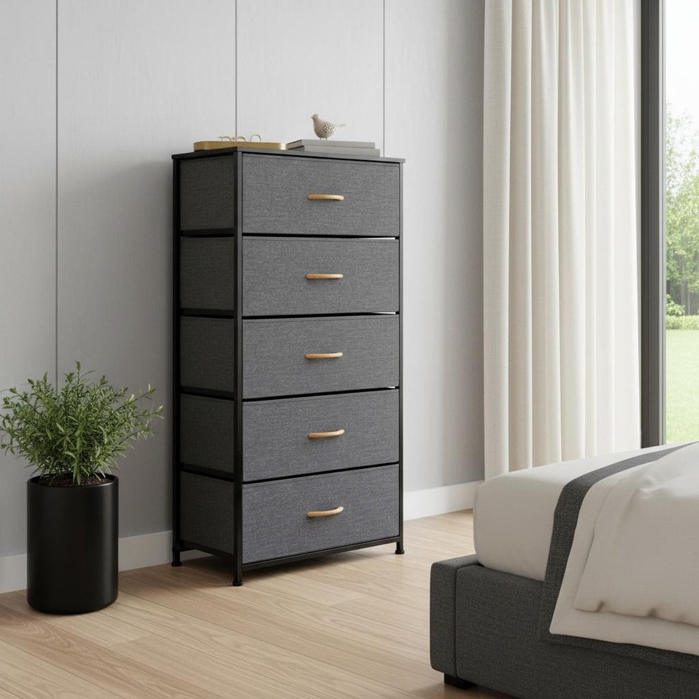 23" Gray and Black Steel and Fabric Five Drawer Chest HomeRoots