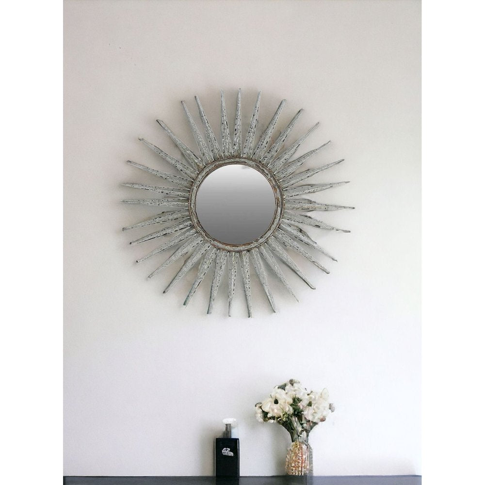 30" Antiqued Silver Gray Sunburst Wall Mounted Accent Mirror HomeRoots
