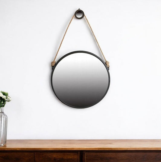 30" Black Fame Round Wall Hanging Accent Mirror with Rope HomeRoots