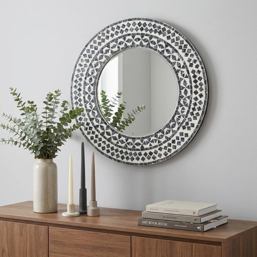 24" Black And White Round Wood And Shell Framed Accent Mirror HomeRoots