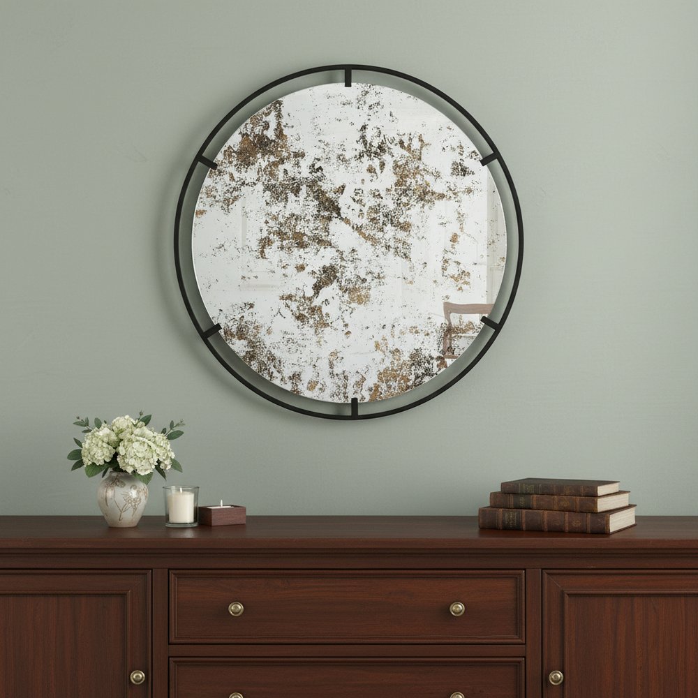 32" Black Round Iron Framed Accent Mirror HomeRoots
