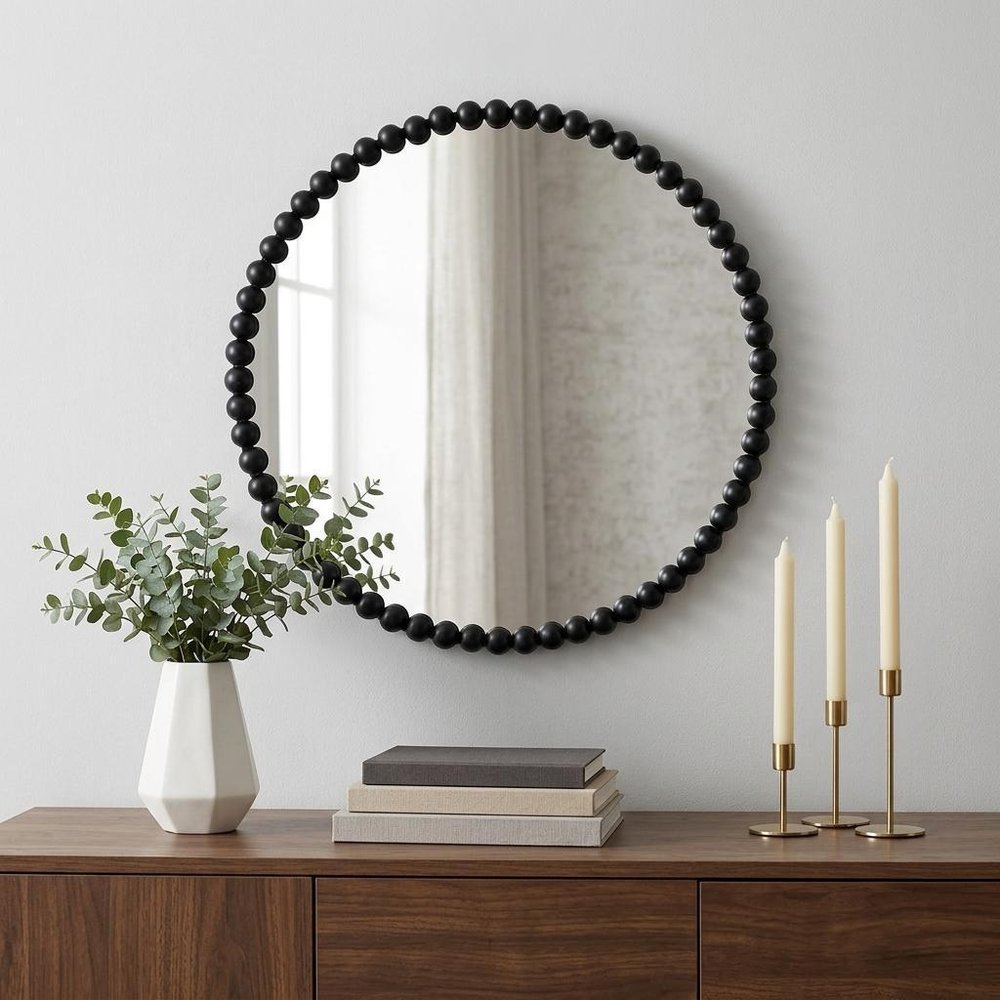 32" Black Iron Beaded Round Framed Accent Mirror HomeRoots