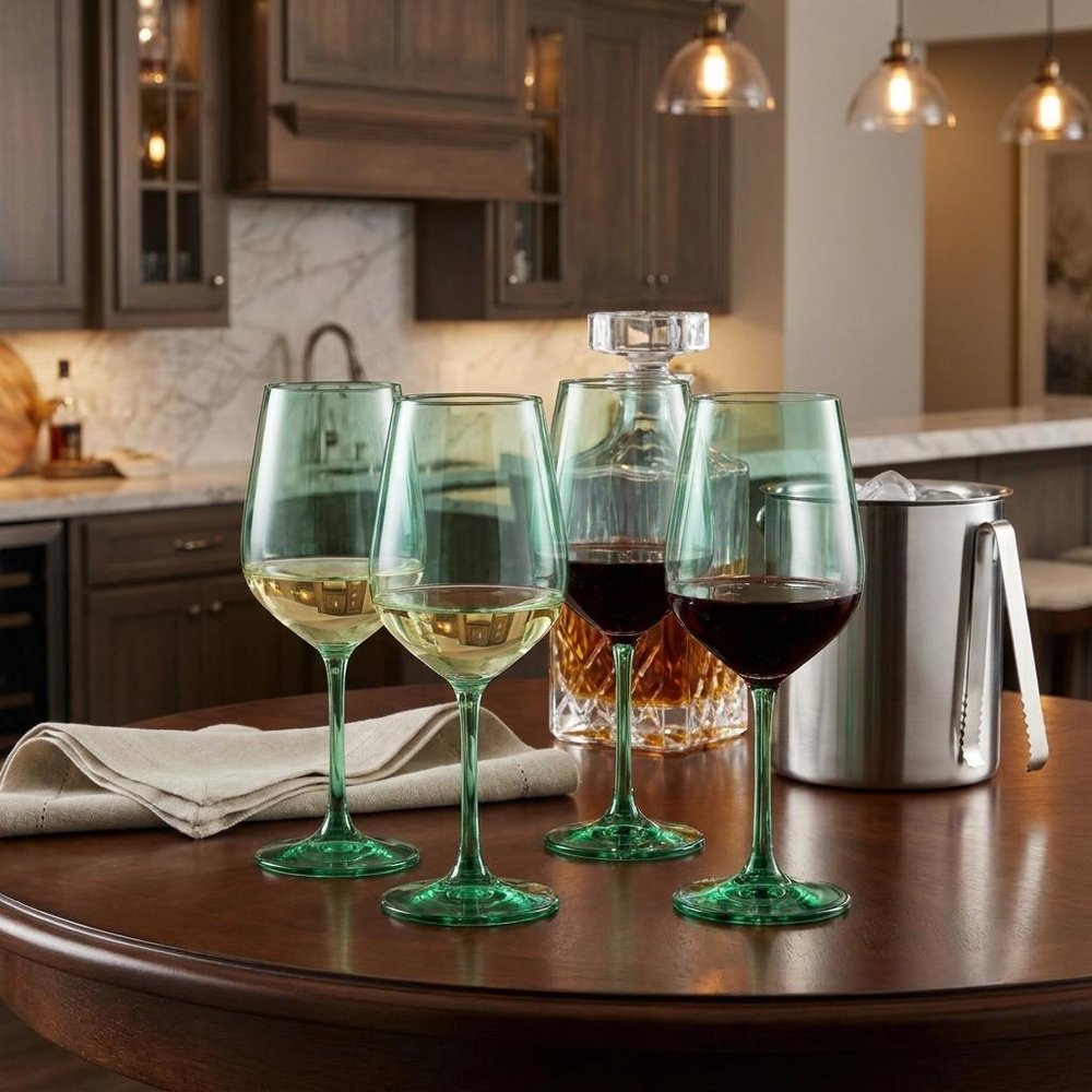 Set of Four Green Crystal Balloon Bowl Stemmed Red Wine Glass HomeRoots