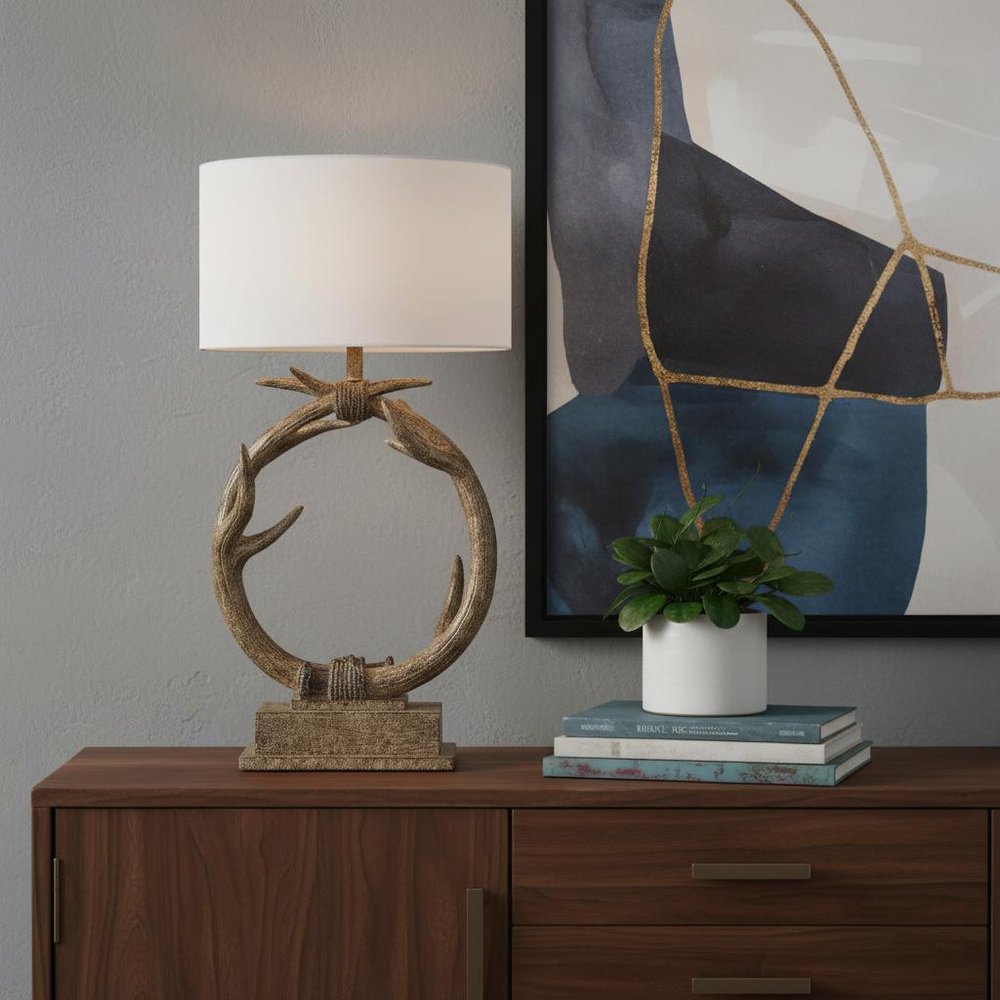 27" Brown Rustic Faux Antlers Table Lamp With White Drum Shade HomeRoots