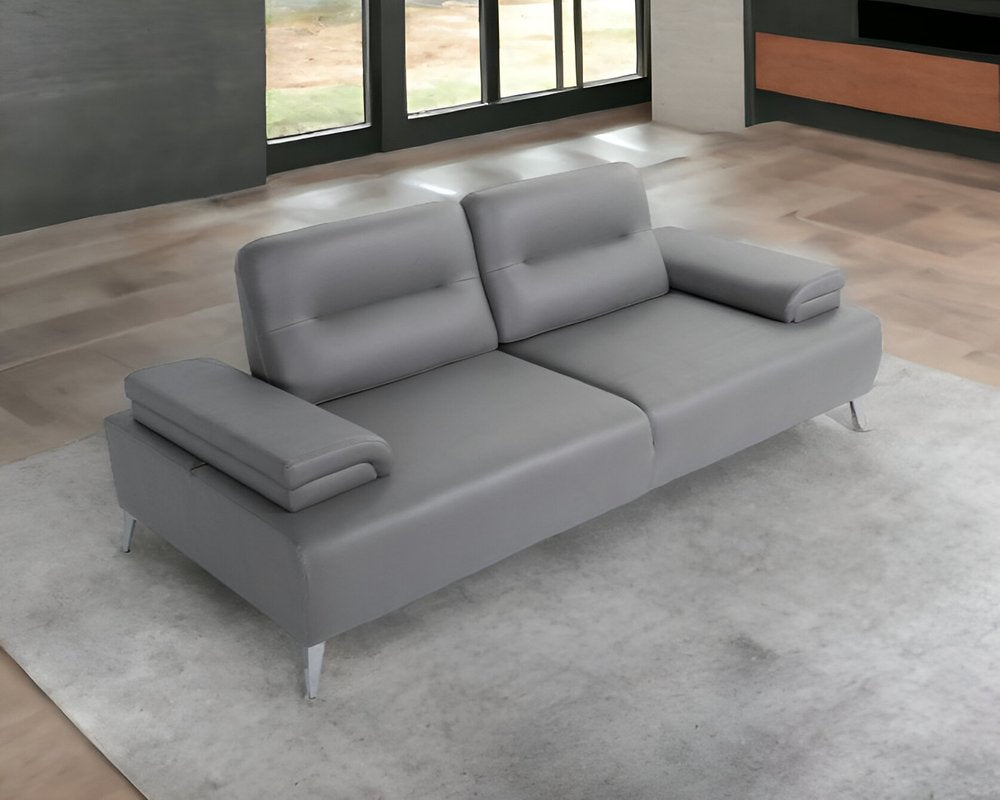 89" Light Gray Leather Convertible Sofa And Toss Pillows With Silver Legs HomeRoots