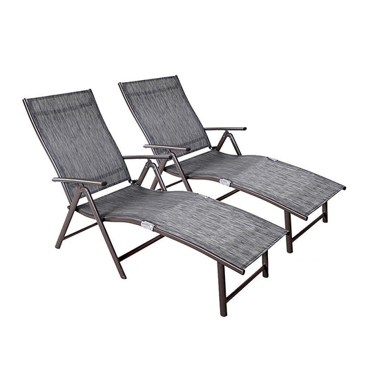 Set of Two Gray Aluminum Eight Position Adjustable Sling Outdoor Folding Chaise Lounges