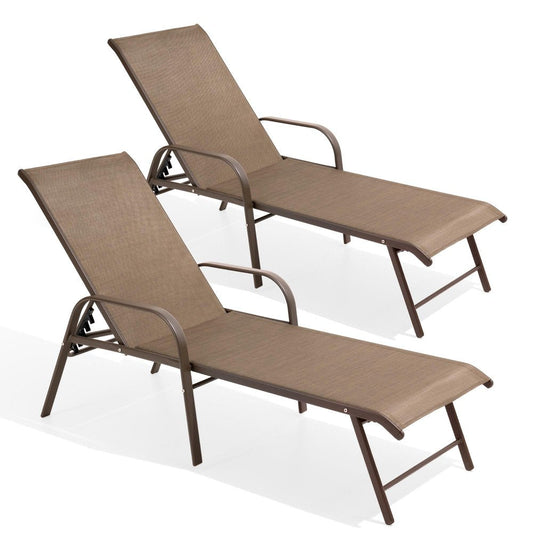Set of Two Brown Aluminum Six Position Adjustable Sling Outdoor Stacking Chaise Lounges