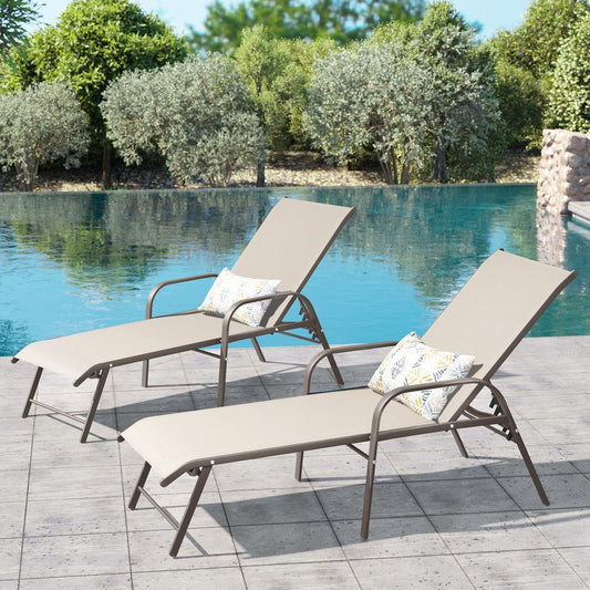 Set of Two Ivory Aluminum Six Position Adjustable Sling Outdoor Stacking Chaise Lounges