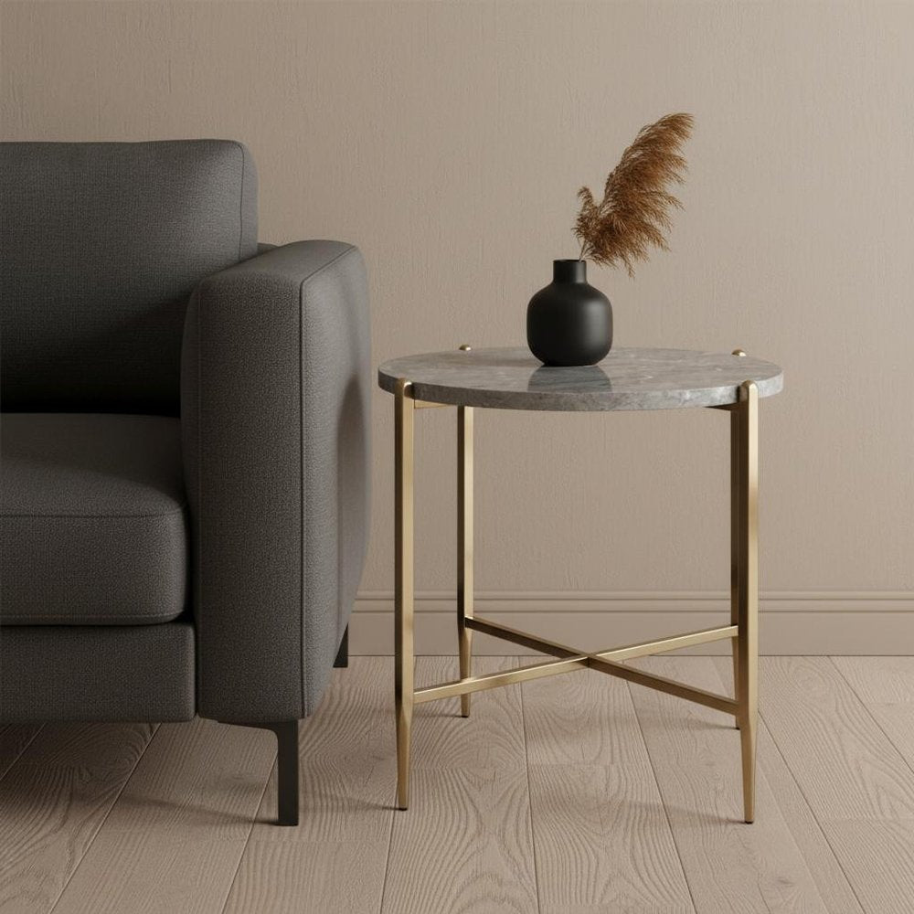 24" Champagne And Light Gray Manufactured Wood And Metal Round End Table HomeRoots