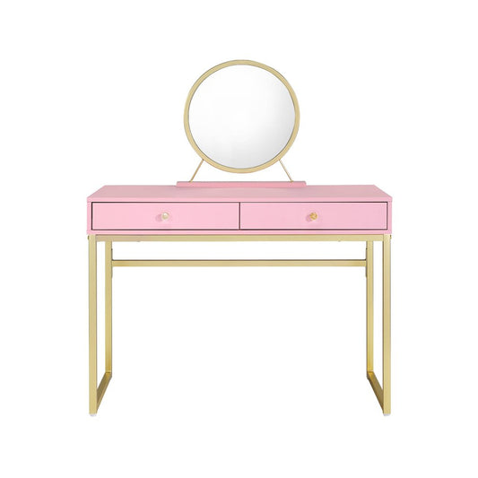42" Gold And Pink Wood Vanity Table With Mirror And Two Drawers HomeRoots