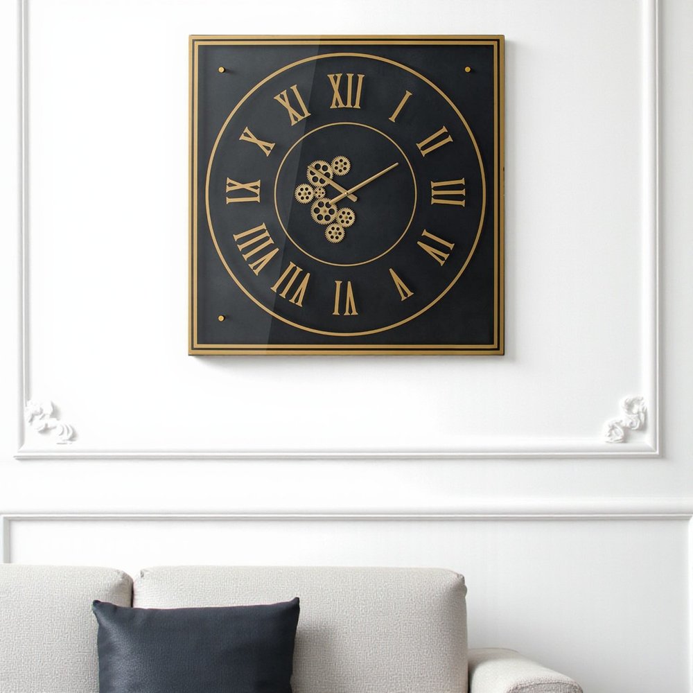 35" Black And Gold Glass And Metal Exposed Gear Square Wall Clock HomeRoots